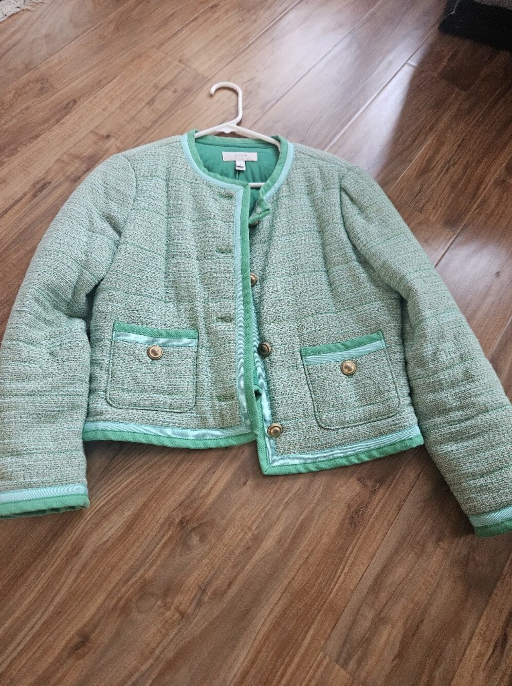 J. Crew Womens Size 8 Mint Green Tweed Jacket with Gold Buttons